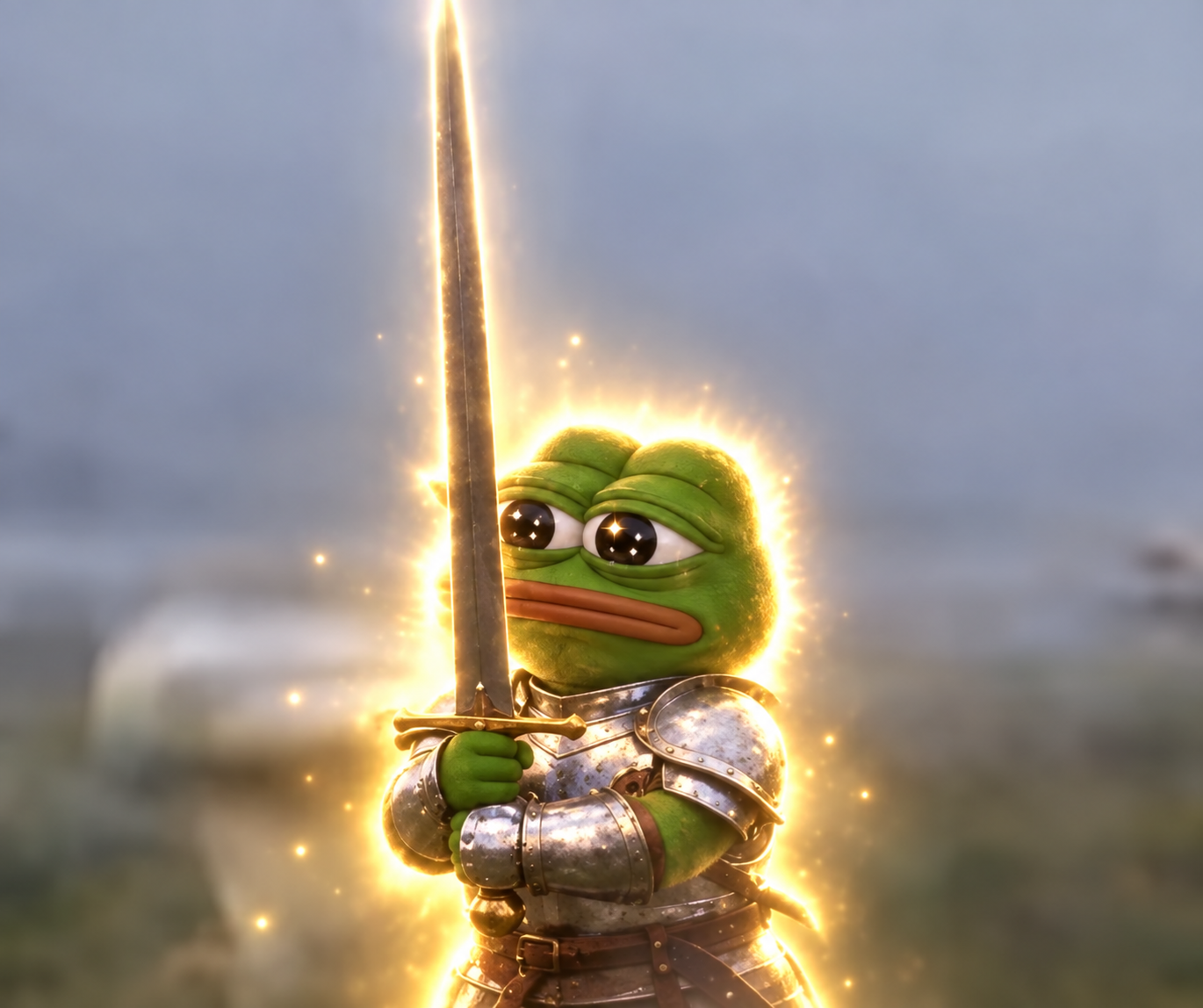 A green frog knight holding a glowing sword